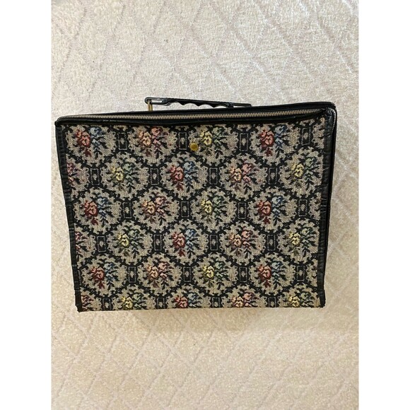 Vintage 60s Tapestry Floral All Over Woven Zipped Suitcase Luggage 14 By 11 Inch